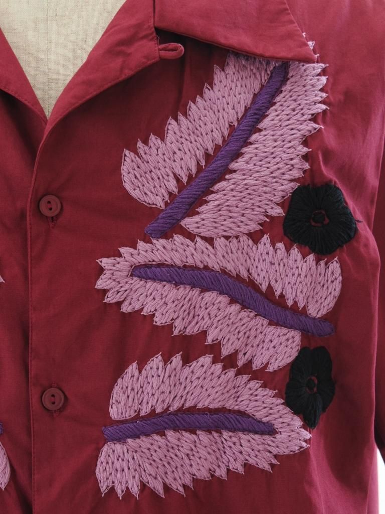 NOMA t.d. ノーマティーディー - Leaf Hand Embroidery SS Shirt リーフハンドエンブロイダリーショートスリーブシャツ - Burgundy 