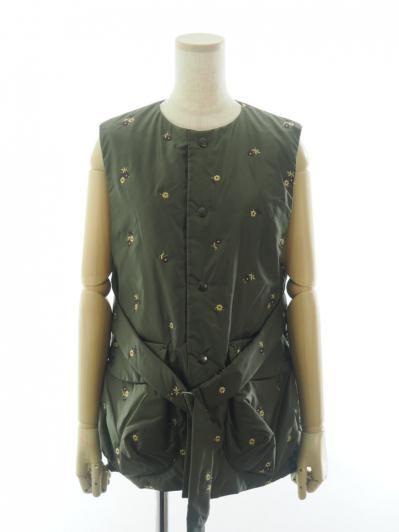 Rhodolirion ロドリリオン - Padded Vest パディッドベスト - Original Floral Pattern Embroidery - Olive