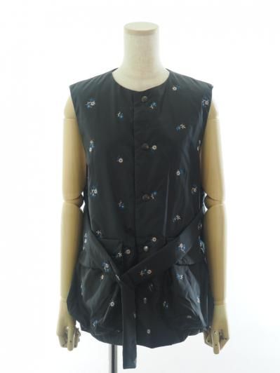 Rhodolirion ロドリリオン - Padded Vest パディッドベスト - Original Floral Pattern Embroidery - Black
