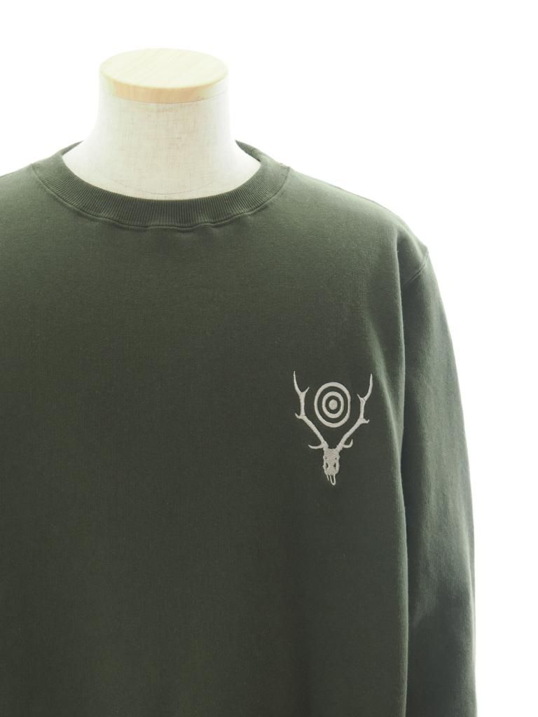 South2 West8 ġȥ - Crew Neck Sweat Shirt - Cotton French Terry - Skull & Target - Olive
