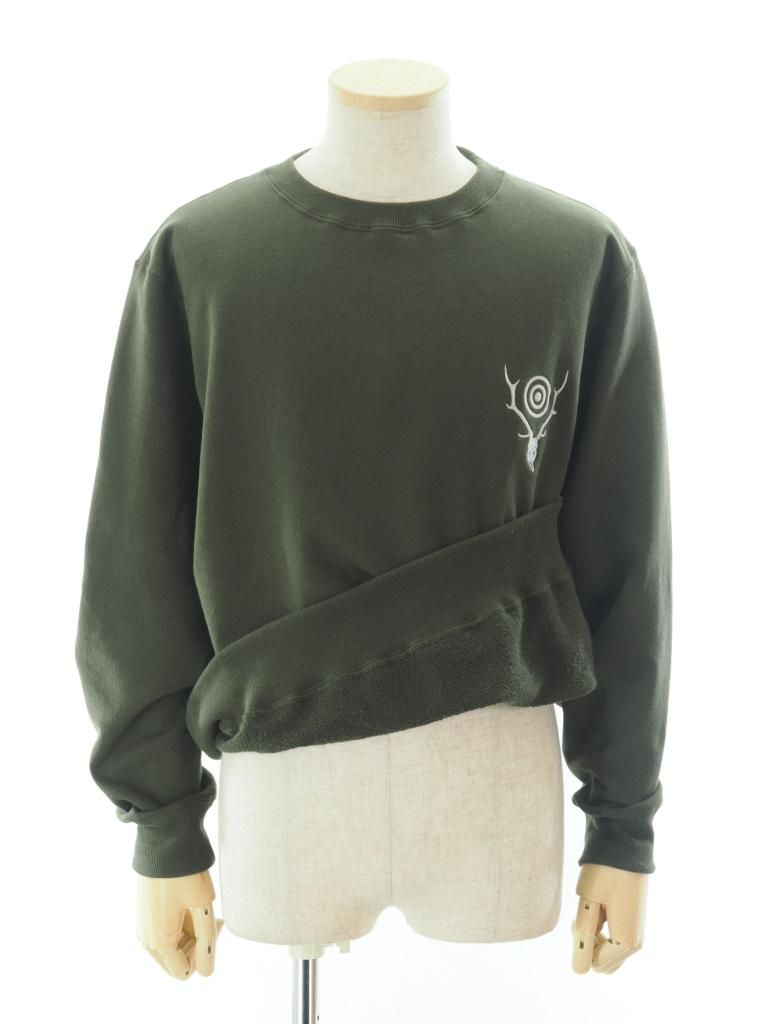 South2 West8 サウスツーウエストエイト - Crew Neck Sweat Shirt - Cotton French Terry - Skull & Target - Olive
