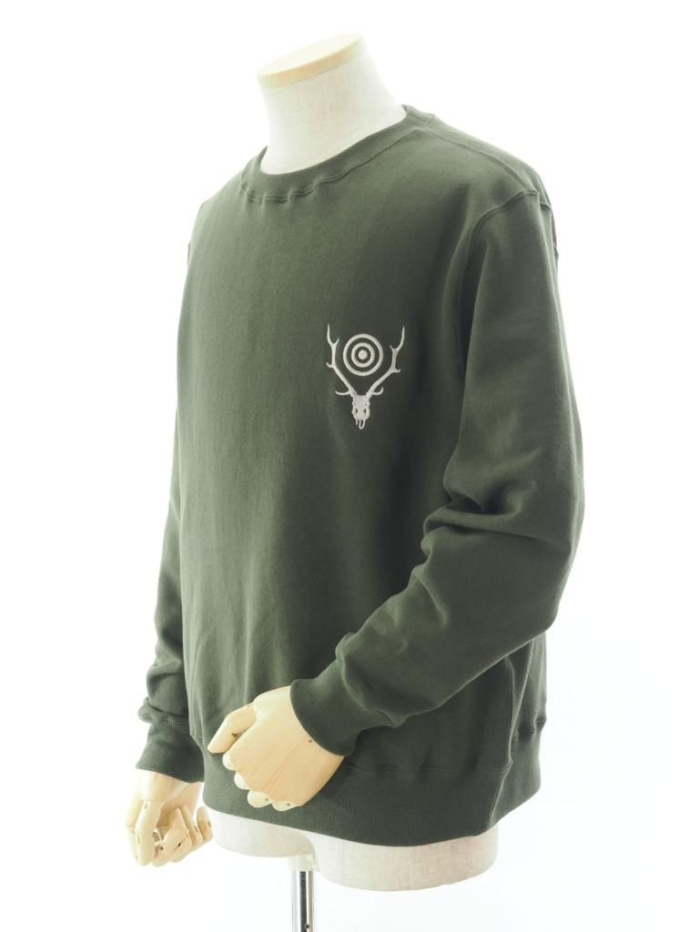 South2 West8 サウスツーウエストエイト - Crew Neck Sweat Shirt - Cotton French Terry - Skull & Target - Olive
