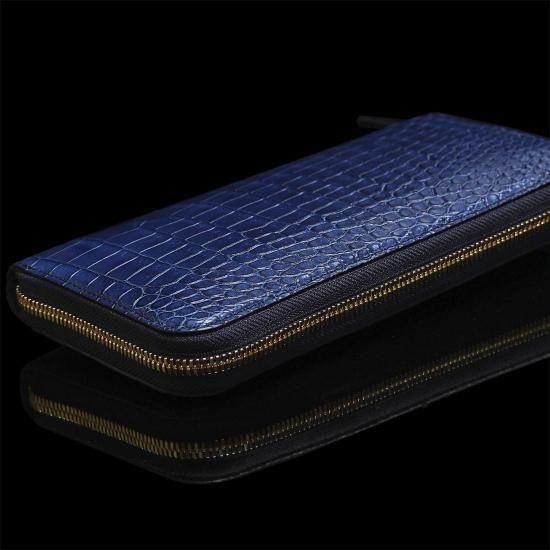 スモールクロコダイル藍染ラウンドファスナー長財布「湊」無双