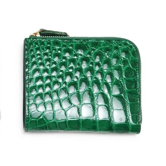 未使用Crocodile✨️クロコダイル革　シャイニンググリーン　L字ミニ折り財布 新作「スモールクロコダイルシャイニングL字ファスナーミニ財布