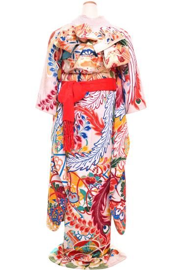 成人式振袖[シック]白にベージュ・グレーのバラ[身長166cmまで