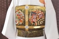 ♦️逸品　正絹　市松唐草　洒落袋の作り帯 美品【横段 花々】市松 袋帯 正絹 s767 | 着物 夢美月