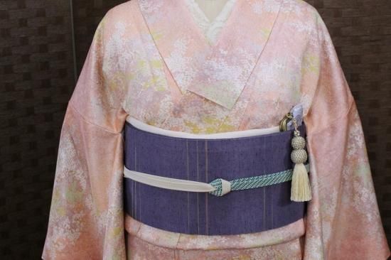 未着用 小紋 花模様 蔦 唐花 リーフ 波地紋 パープル 着物 094a