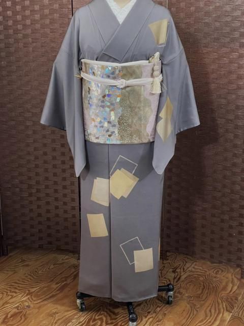単衣 付下げ 紬 グレー 花 一つ紋 落款有 単衣 付下げ 紬 グレー 花 一つ紋 落款有