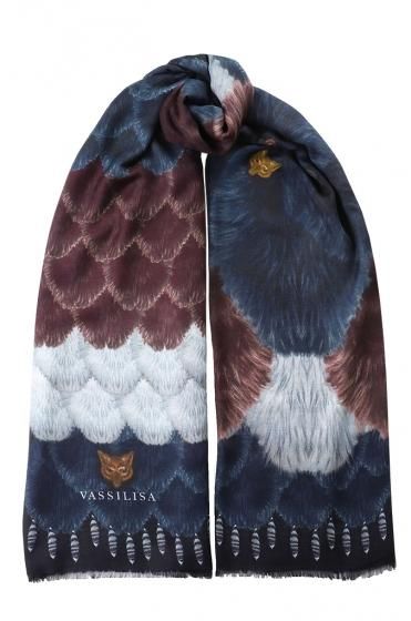 カシミア大判ストール XL長方形 アニマル柄Foxfur Navy/Burgundy/White 1枚