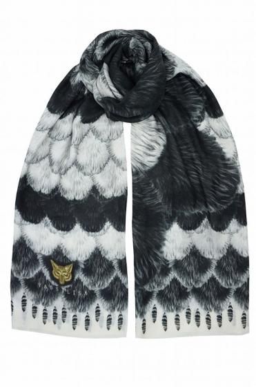 カシミア大判ストール XL長方形 アニマル柄Foxfur White/Black