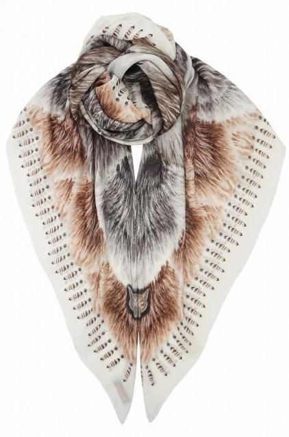 カシミア大判ストール 正方形 アニマル柄 Foxfur Light Beige/Light Brown/White 1枚