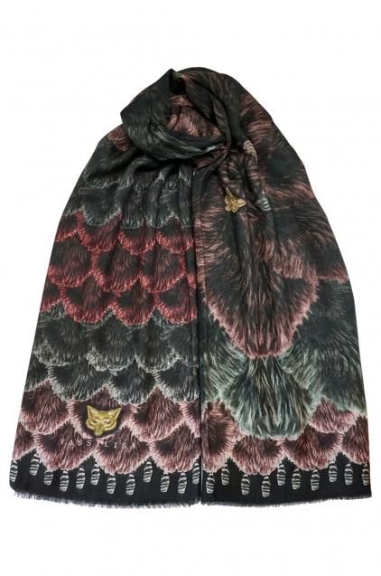 カシミア大判ストール XL長方形 アニマル柄Foxfur Black/Red/Burgundy 限定1枚