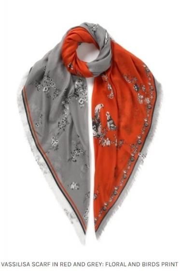 カシミア大判ストール 正方形 アニマル柄 Flower&Bird Orange/Grey Soldout