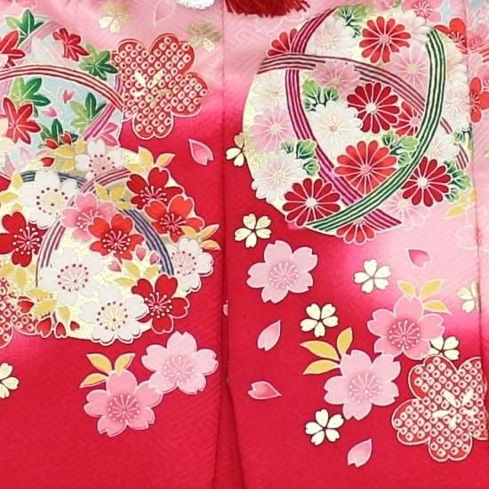 三才 お祝い着 女の子 被布着物フルセット 正絹 赤地花手まり - 大正13