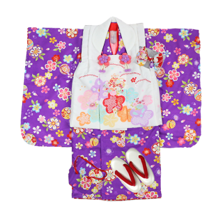 三才 お祝い着 女の子 被布着物フルセット　紫・白　日本製