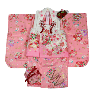三才 お祝い着 女の子 被布着物フルセット　ピンク・桜・鞠　
