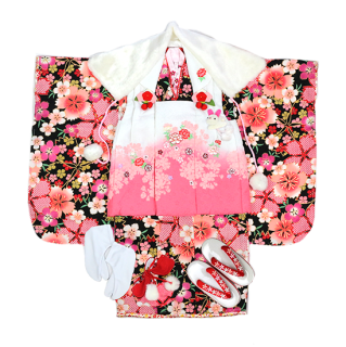 フルセット】【新品未使用】七五三 3歳女の子 白×黒 バラ桜 フルセット】【新品未使用】七五三 3歳女の子 白×黒 バラ桜
