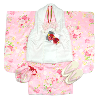 三才 お祝い着 女の子 被布着物フルセット　ピンクに白・蝶と花々