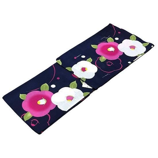 浴衣 レディース フリーサイズ 紺 椿 綿100％ - 大正13年創業・田巻屋