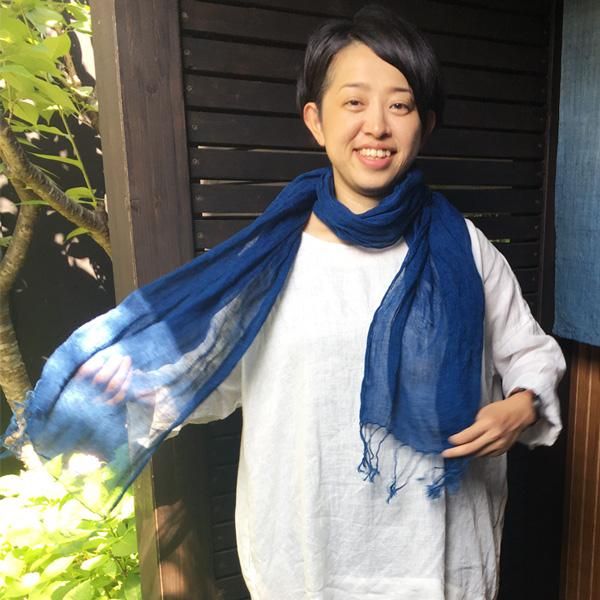 藍亜麻100%の大判ストール
