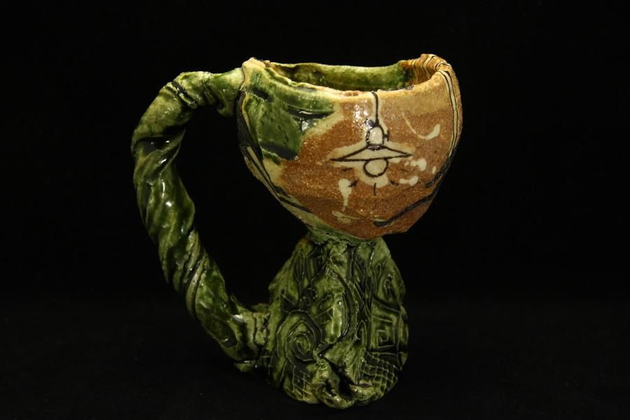 鈴木五郎 織部 ぐい呑 柳瀬美術店 / 鈴木五郎「織部ぐいのみ」共箱[SUZUKI Goro]Sake cup