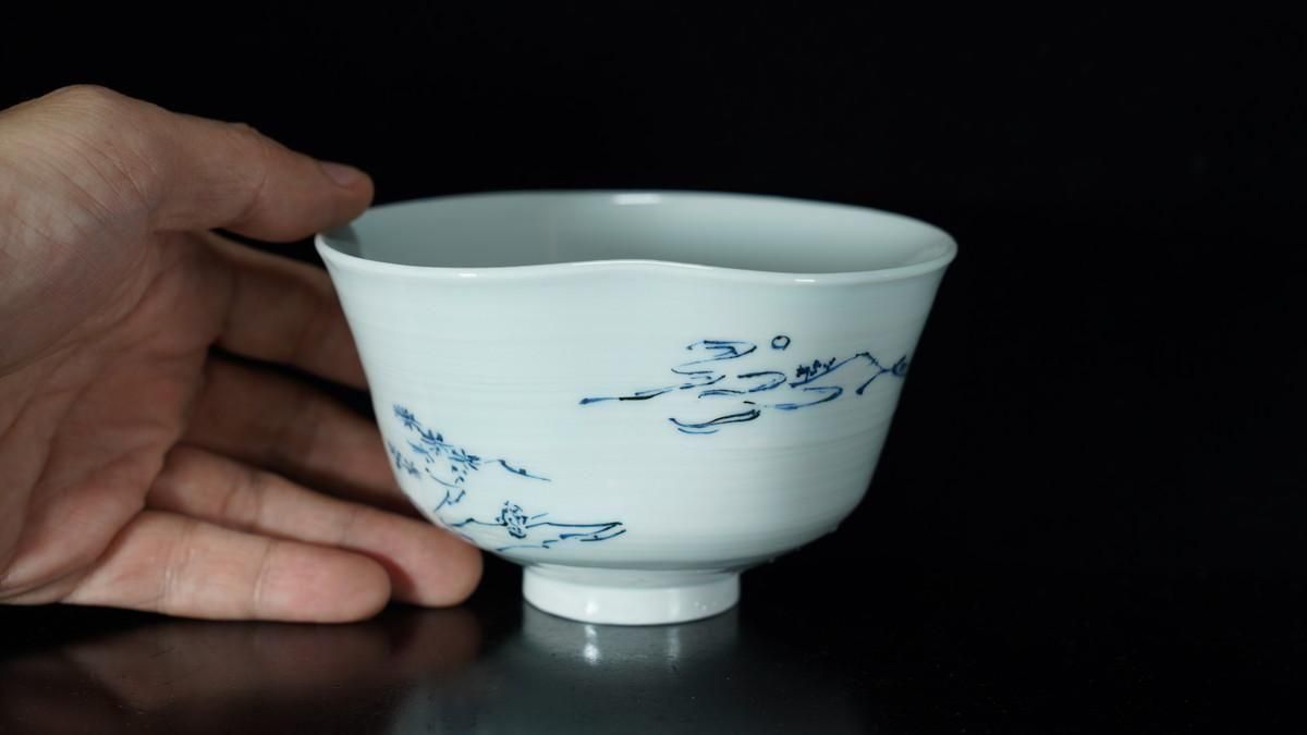 染付　花草山水人物文碗　茶碗　時代箱付　V　7193 染付 花草山水人物文碗 茶碗 時代箱付 V 7193 染付 花草山水人物