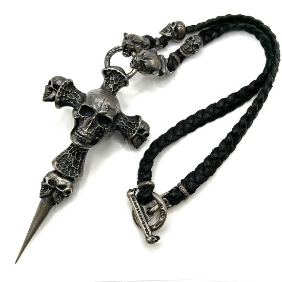 Large Skull On 2Skulls Hammer Cross Double Face Dagger w/2Panther & 2Skulls Braid Leather Necklace
