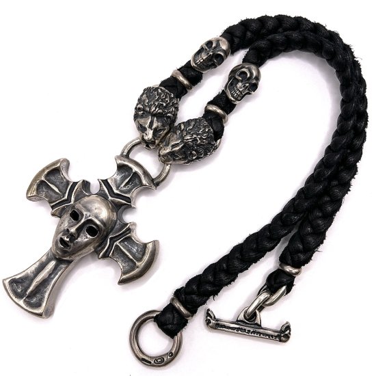 Gaboratory ܥȥ꡼ Ź ̵Half Face On Battle-Ax Cross w/2Lions braid Leather Necklace 