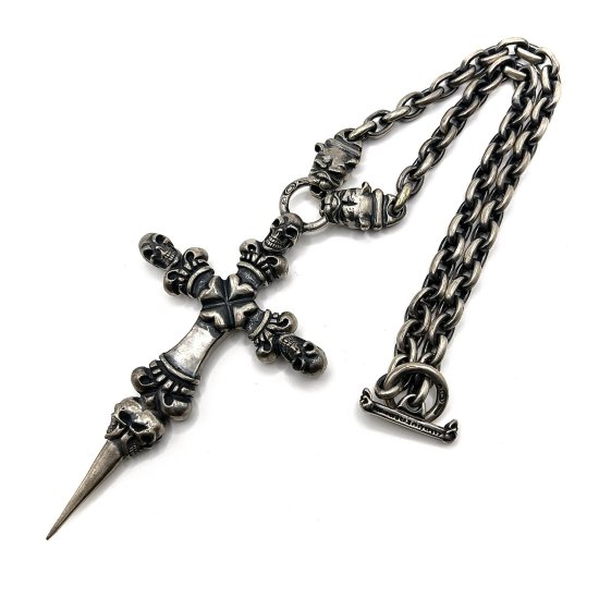 1/2 3Skulls On 4HeartCrownCross Double Face Dagger&2Bulldogs  1/2 Small Oval Chain  Links Necklace 