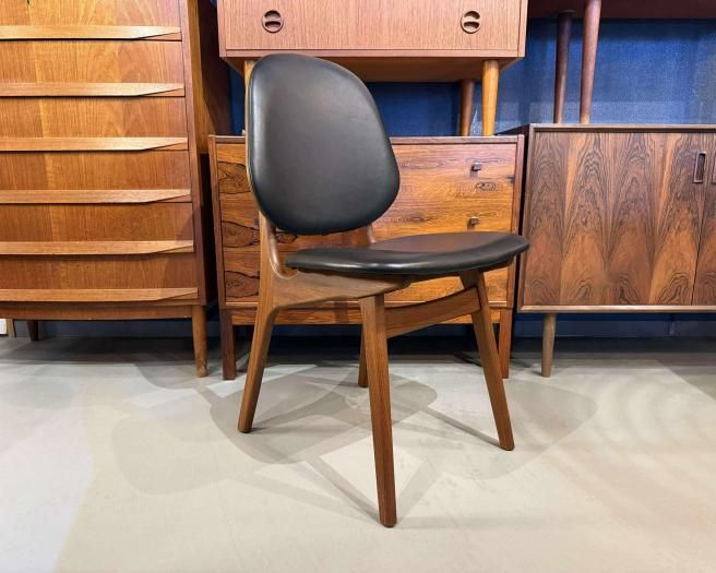 Arne Hovmand Olsen<br>Black Leather Teak Dining Chair