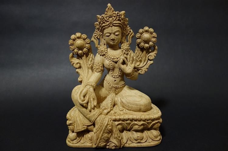 【仏像】緑多羅菩薩(グリーンターラ)木彫り 仏像 18cm【送料無料】