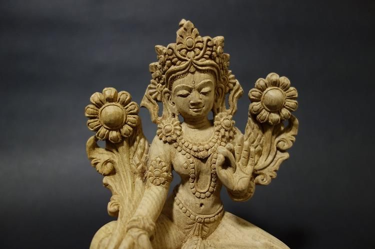 【仏像】緑多羅菩薩(グリーンターラ)木彫り 仏像 18cm【送料無料】