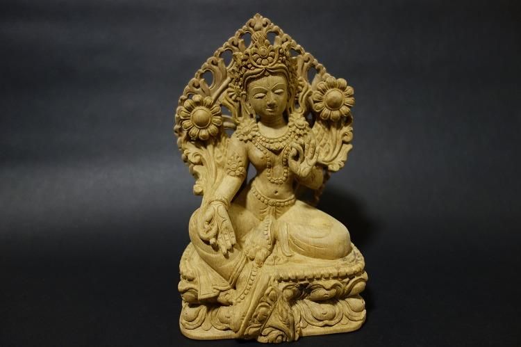 【仏像】緑多羅菩薩(グリーンターラ)木彫り 仏像 19cm【送料無料】