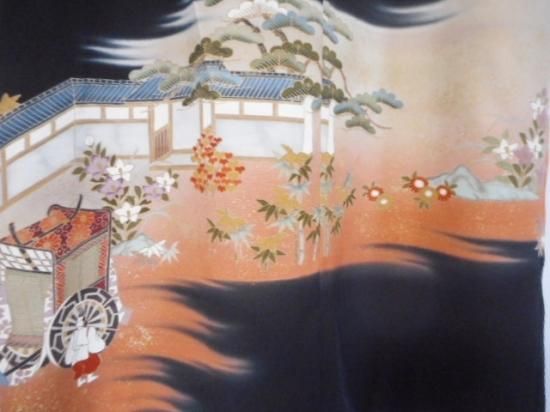 着物リメイク　黒留袖　ロングワンピースＭ〜Ｌ　　オレンジゴールド　金駒刺繍 着物リメイク 黒留袖 ロングワンピースM〜L オレンジゴールド