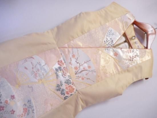 着物リメイク ワンピースコート ベージュ系11号 丈110cm SOLD 着物