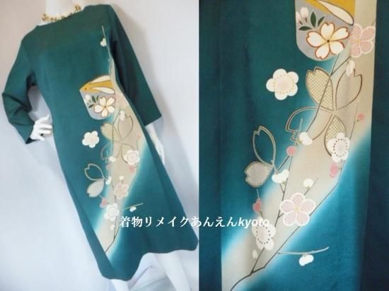 膨れ織り 振袖から 緑 グリーン系 ウサギ下駄 梅 桜 綺麗なラインワンピース 13号 15号 L 着物リメイク Anen あんえん Kyoto 膨れ織り 振袖から 緑 グリーン系 ウサギ下駄 梅 桜 綺麗なラインワンピース 13号 15号 L 着物リメイク Anen あんえん Kyoto