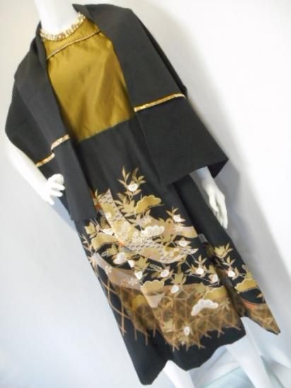 袋帯＆ 金加工 黒留袖 ワンピース &ショール 短冊 黄土茶 黒 金