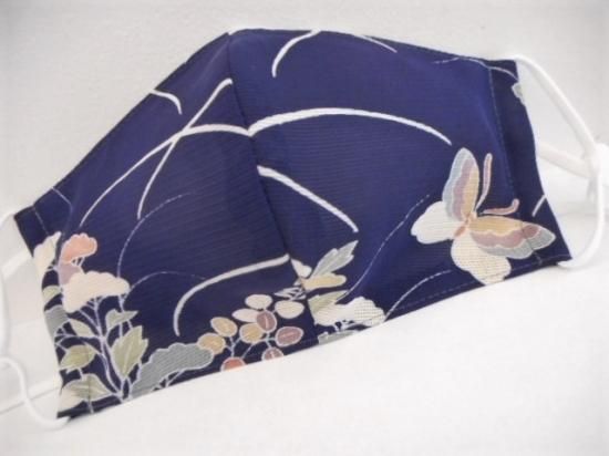 涼しい 透け感 絽 蝶u0026 冷感加工綿ダブルガーゼ 紺系 マスクカバー 大人用 大きめ Lサイズ ゴム付きi④ - 着物リメイク anen あんえん Kyoto
