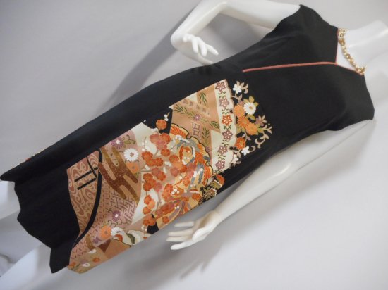 黒留袖から 着物風 ワンピース & ショール 綺麗なライン 裏地付き 向い鳳凰 11号～13号 M～L - 着物リメイク anen あんえん Kyoto
