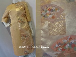 西陣織 唐織 袋帯 ワンピース ベージュ系 季節の花々 綺麗なライン 七分袖 9号 M