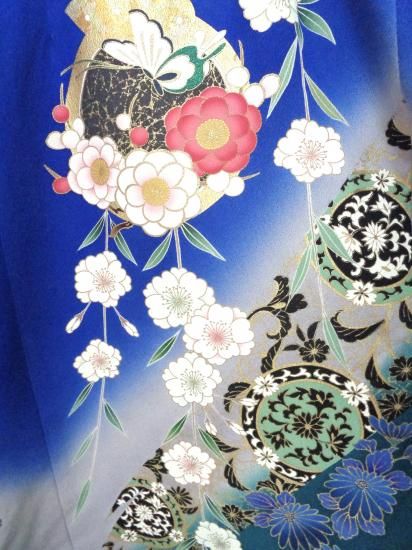 振袖 から 綺麗なライン フリル袖 ワンピース 青色系 季節の花々