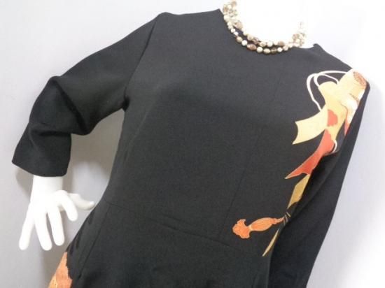 439 着物リメイクロングワンピース　黒留袖 着物 黒留袖 リメイク ロングワンピース L～LL