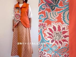 可愛いレトロな花柄 袋帯から 前開き ベスト オレンジ系 橙系 9 可愛いレトロな花柄 袋帯から 前開き ベスト オレンジ系 橙系 9