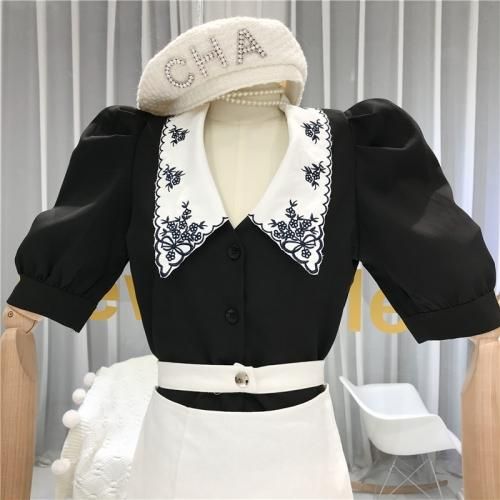 セール 刺繍襟 デザイン半袖シャツトップ Black Noiseandkisses