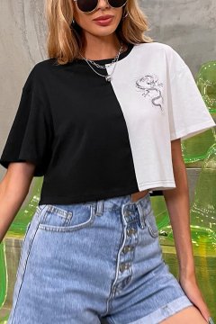 ハーフドッキング ドラゴンプリント ショートTシャツ (Black/White)【夏セール】