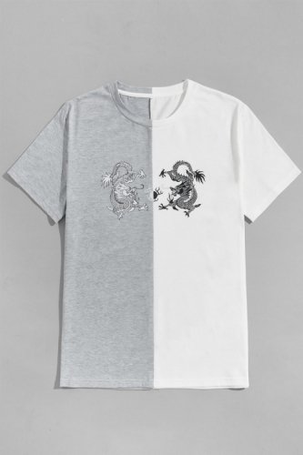 ハーフドッキング ドラゴン柄Tシャツ Gray/White  [sale]