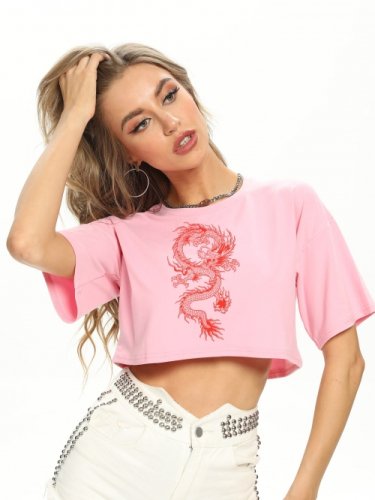 ドラゴンプリント クロップ 半袖Tシャツ (Pink)【夏セール】