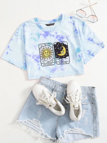 太陽と月カード タイダイ 半袖 クロップTシャツ (Blue)  [sale]