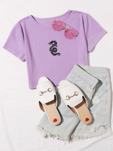 ポイント ドラゴン クロップ リブ半袖Tシャツ (Purple)【夏セール】