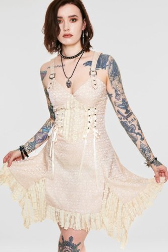 JAWBREAKER Victoriana Beige Lace Dress Cream SALE